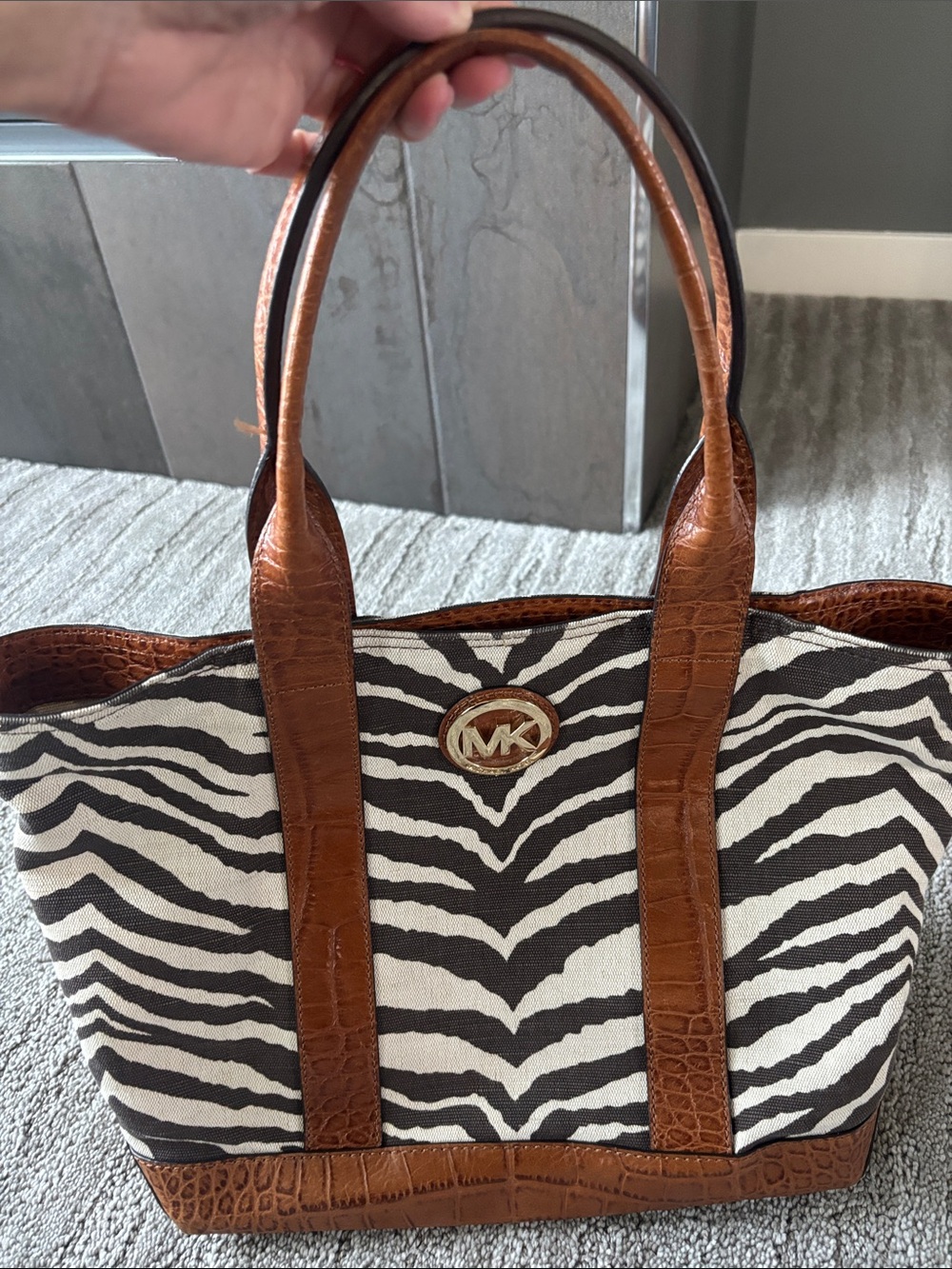 Michael Kors Black & White Zebra Print Tote with Brown Croc Trim